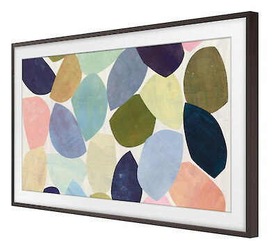 Abstrakcyjne kształty w pastelowych kolorach na jasnym tle, oprawione.