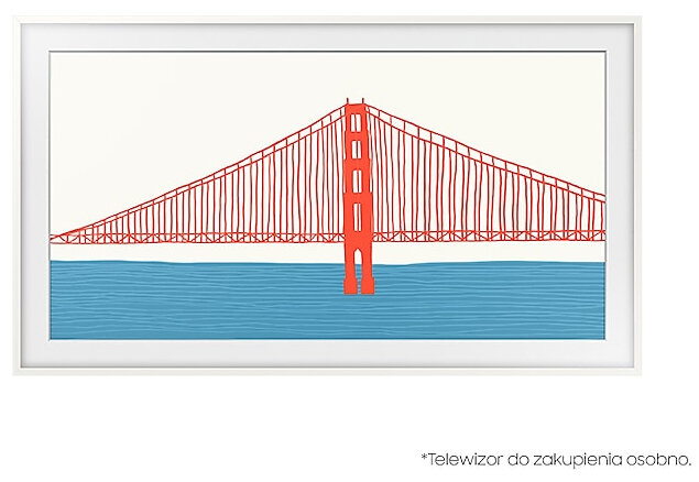 Ilustracja mostu Golden Gate w kolorze czerwonym, nad błękitną wodą, na tle białego nieba, w białej ramie.