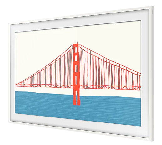 Stylizowana ilustracja mostu Golden Gate w kolorze pomarańczowym, rozciągającego się nad niebieską wodą, na tle kremowego nieba.