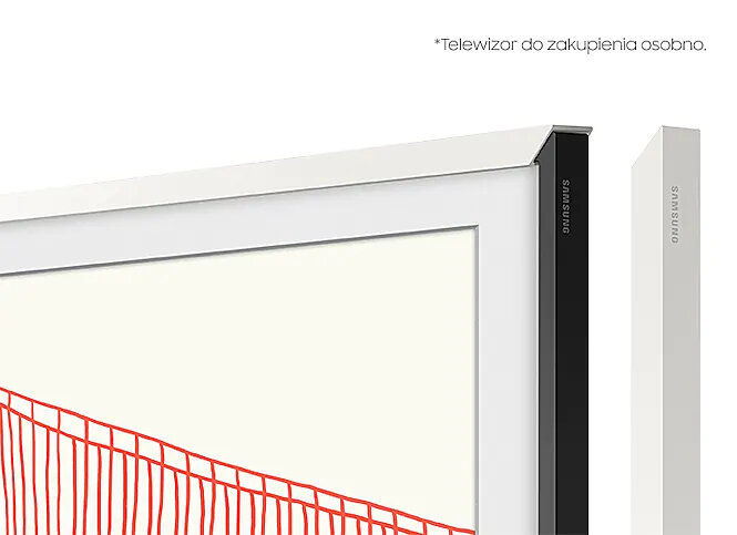 Telewizor Samsung w białej ramie z czarną obwódką. Białe akcesorium po prawej stronie. Na ekranie widoczny rysunek.