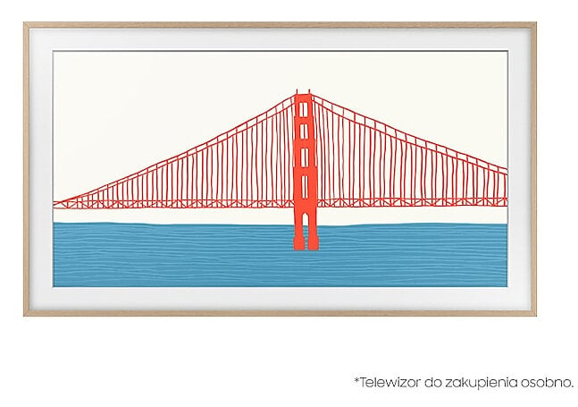 Most Golden Gate narysowany na czerwono i niebiesko na białym tle.