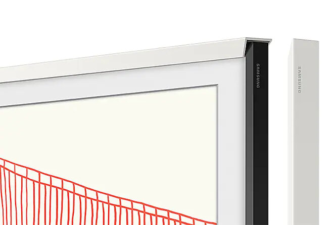 Biały telewizor Samsung Frame z czerwonym obrazem na ekranie i oddzielną ramką.