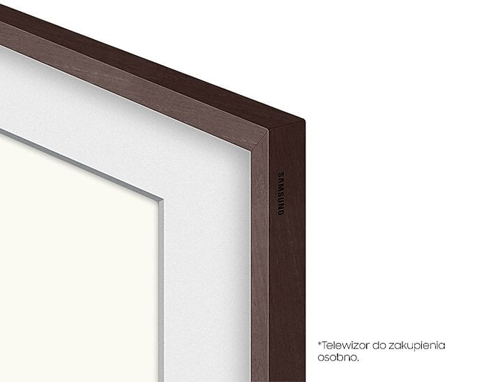 Zbliżenie ciemnobrązowego telewizora w ramie. Widoczne są rogi ramy, z białym wewnętrznym obramowaniem i beżowym obszarem ekranu.