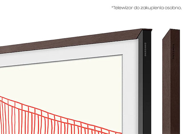 Telewizor w brązowej ramie z białym ekranem wyświetla czerwony rysunek liniowy. Widok z boku pokazuje oddzielny brązowy element ramy.