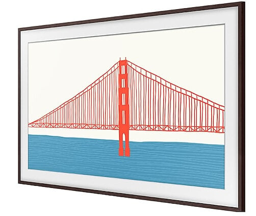 Oprawiony obraz przedstawia stylizowany czerwony most Golden Gate nad błękitną wodą na tle białego nieba.