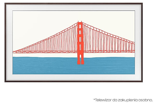 Ilustracja mostu Golden Gate w kolorze czerwonym, nad błękitną wodą. Most i woda są w telewizorze.