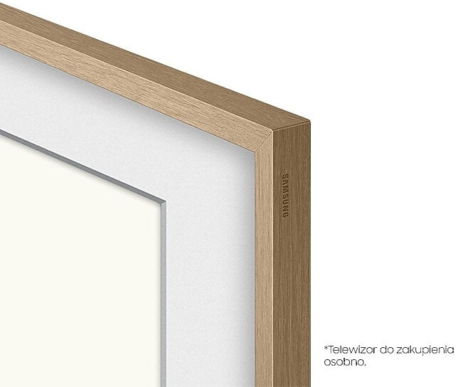 Zbliżenie ramy telewizora z drewnianym wykończeniem wokół białego ekranu. Widoczne logo Samsung.