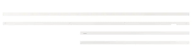 Cztery białe, prostokątne paski o różnych długościach ułożone poziomo na białym tle.