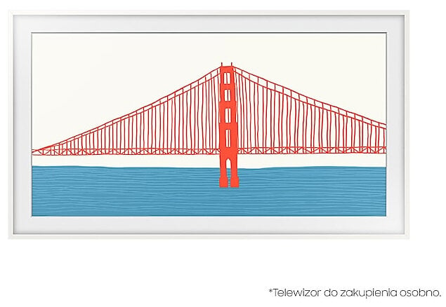 Ilustracja mostu Golden Gate w kolorze czerwonym, rozciągającego się nad niebieską wodą. Niebo jest białe. Most jest oprawiony w biało.