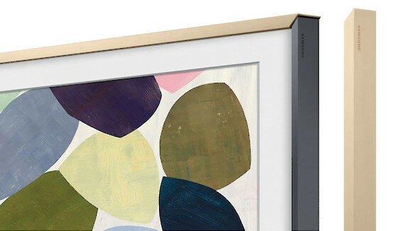 Telewizor Samsung z kolorową sztuką abstrakcyjną i pasującą ramą.
