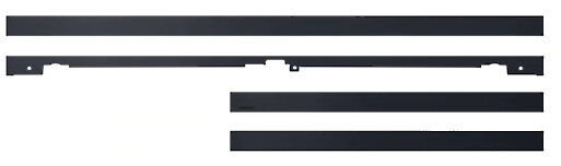 Kilka czarnych, prostokątnych pasków metalowych na białym tle. Niektóre mają wycięcia i logo. Wszystkie są poziome.