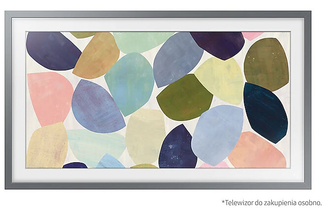 Abstrakcyjna sztuka w szarej ramie. Nakładające się kształty w kolorach niebieskim, różowym, zielonym i beżowym na białym tle.