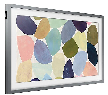 Sztuka abstrakcyjna na oprawionym telewizorze. Owalne kształty w pastelowych kolorach: różowy, niebieski, zielony, żółty i brązowy, na jasnym tle.