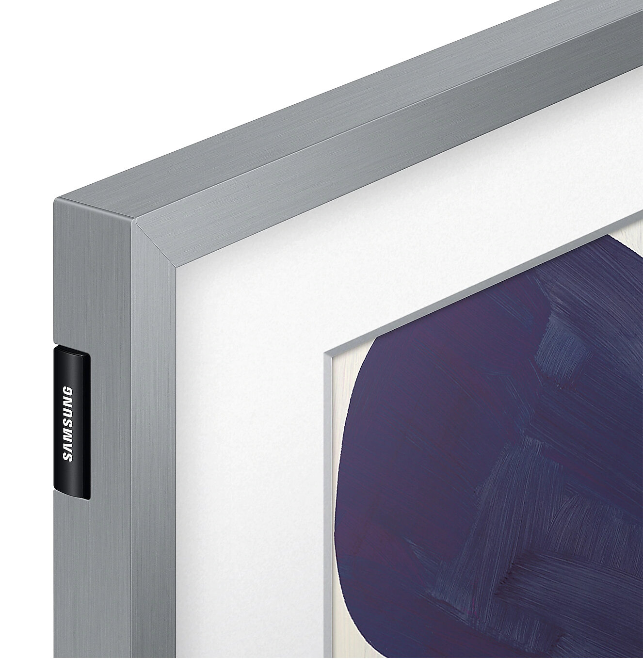 Zbliżenie srebrnej ramy z czarnym logo Samsung. Widoczny obraz z dużym, niebieskim kształtem.