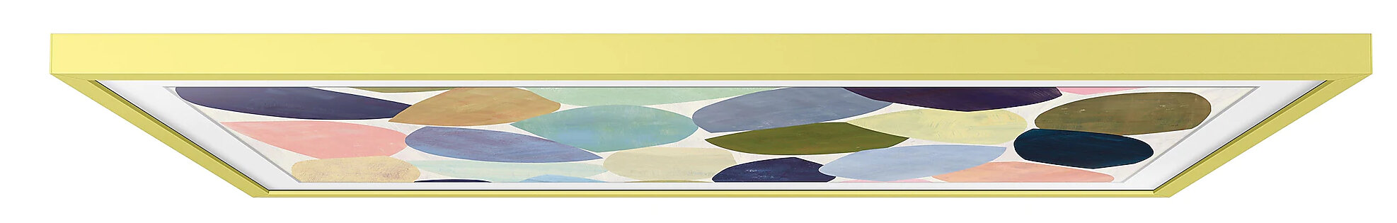 Żółta oprawiona praca artystyczna z kolorowymi abstrakcyjnymi kształtami we wnętrzu.