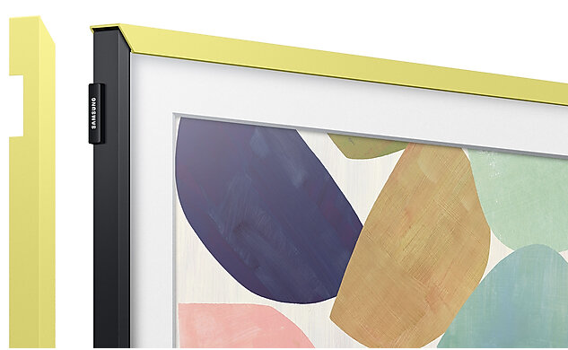 Żółto-czarna ramka telewizora z abstrakcyjnym, kolorowym obrazem.