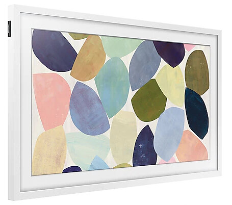 Biała oprawiona grafika z kolorowymi abstrakcyjnymi kształtami. Kształty są pastelowe na kremowym tle.