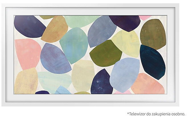 Abstrakcyjna sztuka na telewizorze w białej ramie. Pokazuje kolorowe, zaokrąglone kształty w różnych odcieniach.