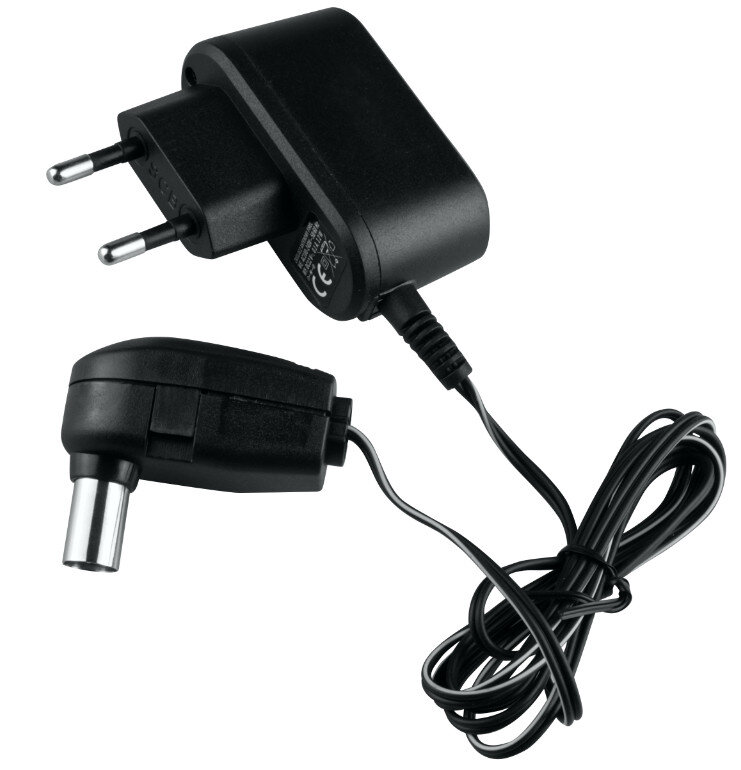 Czarny zasilacz z wtyczką i kablem podłączonym do mniejszego cylindrycznego adaptera.