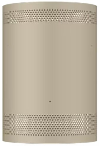 Cylindryczny głośnik w neutralnym beżu z perforowanymi wzorami na górze i na dole.