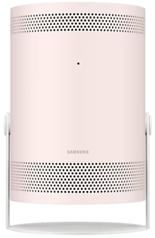 Biały cylindryczny projektor z czarnymi otworami wentylacyjnymi i logo Samsung.