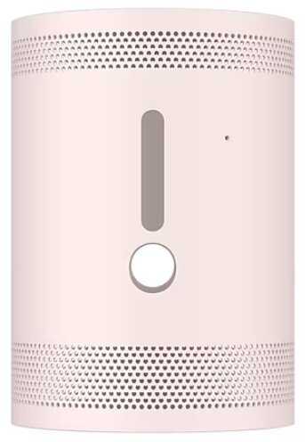 Cylindryczne, jasnoróżowe urządzenie smart home z perforacjami i centralnym otworem.