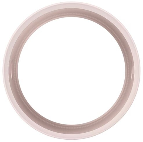 Okrągły kształt z wewnętrznym białym pierścieniem i jasnoróżową obwódką.