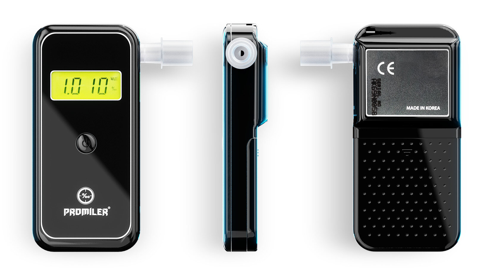 Trzy widoki czarnego alkomatu. Ekran pokazuje odczyt 1,0%. Urządzenie jest czarne.