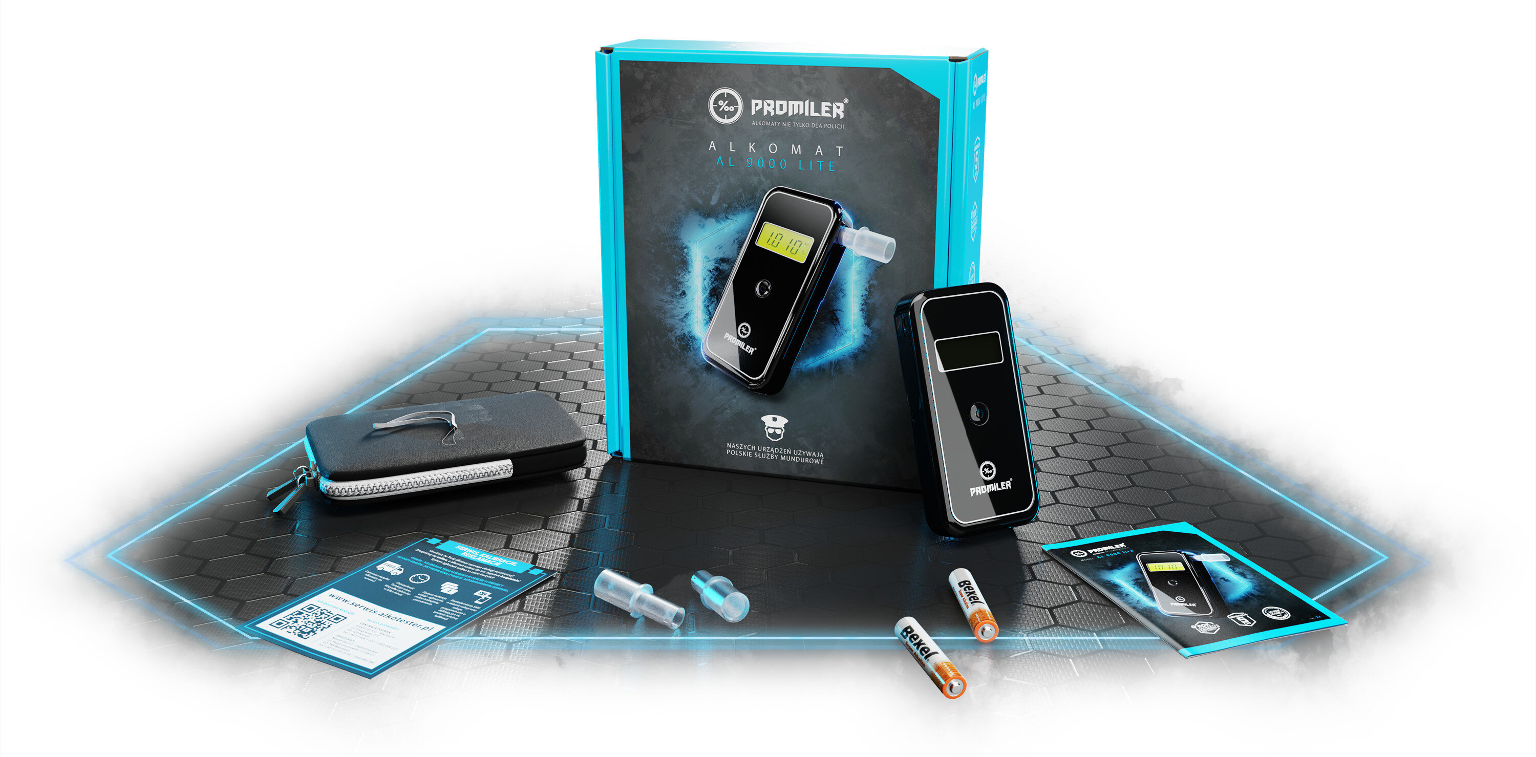 Zestaw do badania zawartości alkoholu z akcesoriami na sześciokątnej niebieskiej platformie, na czarnym tle.