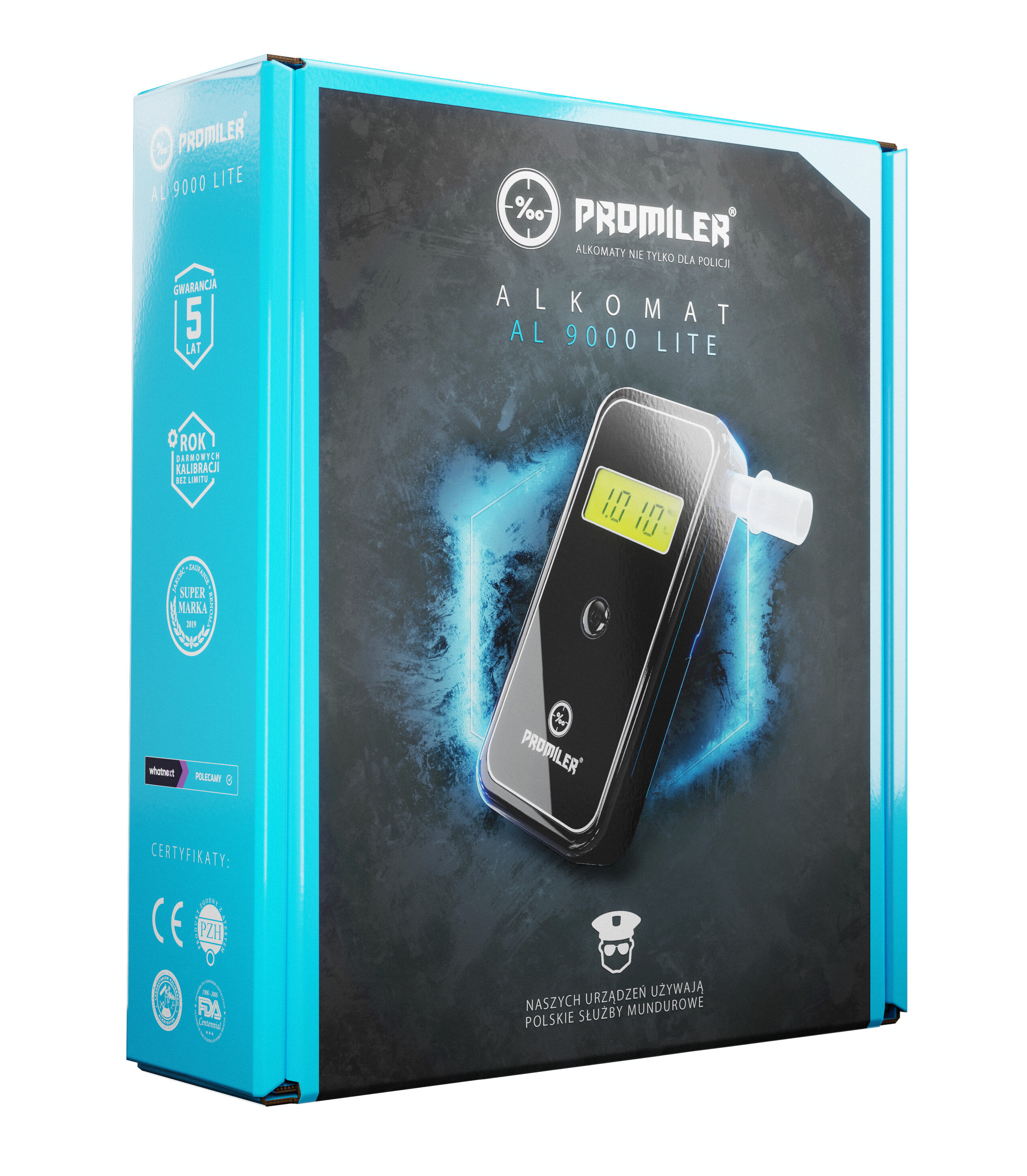 Pudełko z alkomatem, niebiesko-białe, z urządzeniem, butelką i tekstem.