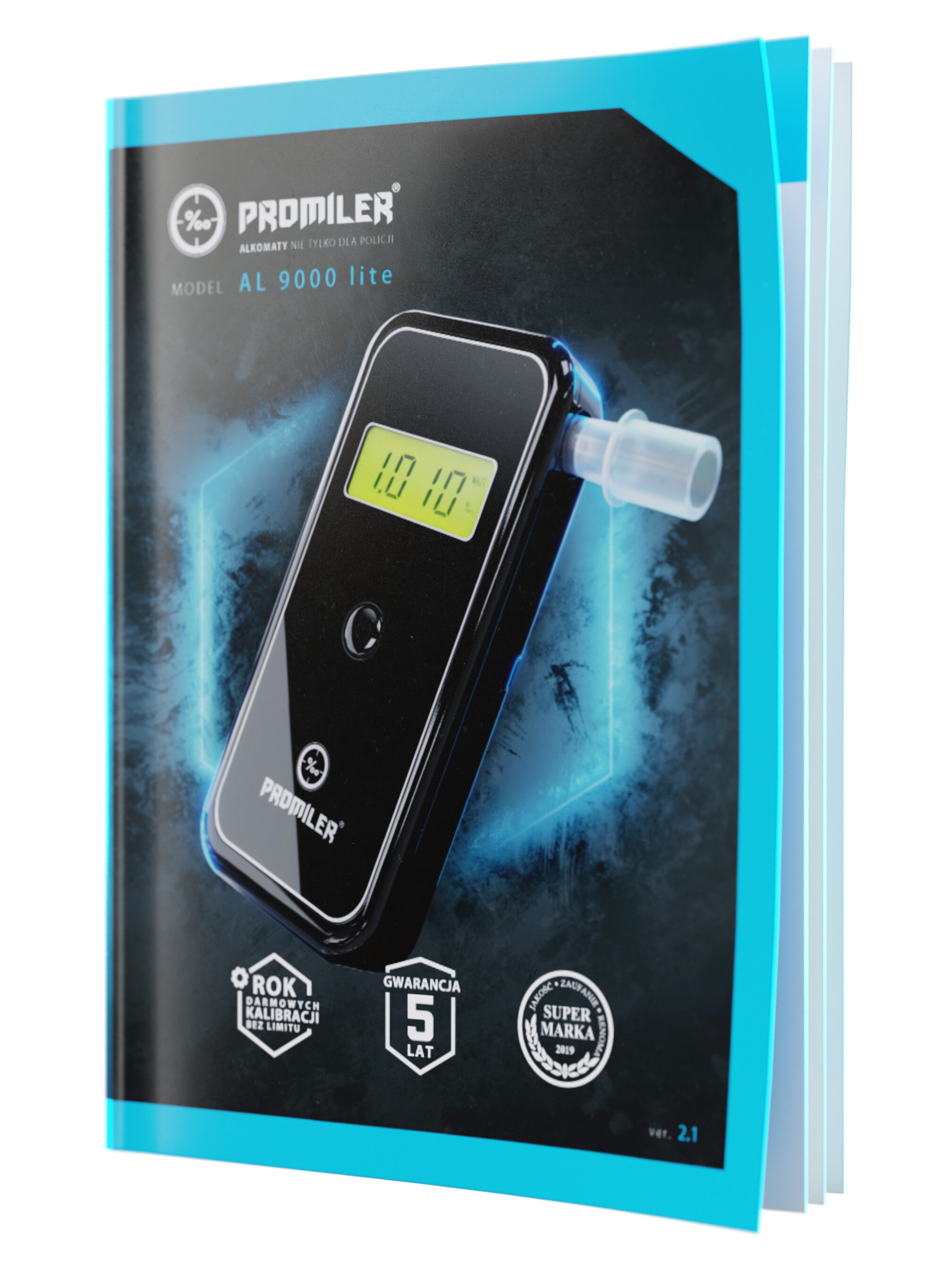 Czarny alkomat z ekranem. Urządzenie leży na książce.