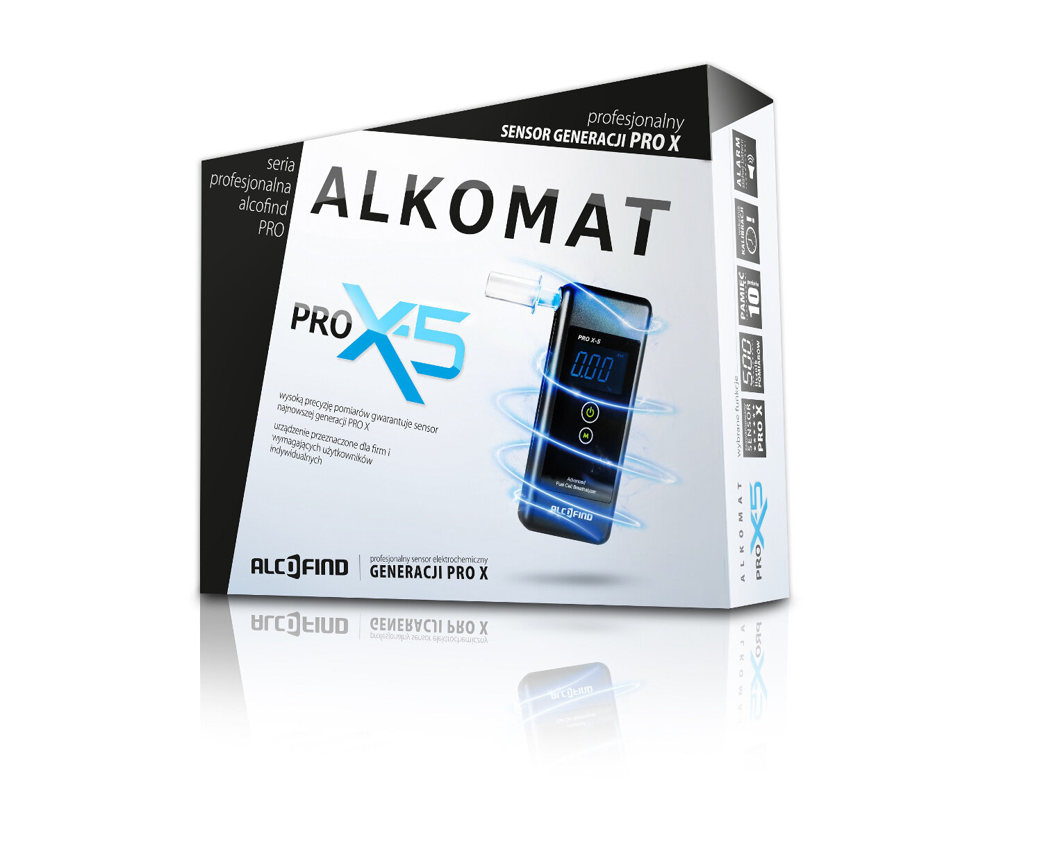 Pudełko z etykietą 'ALKOMAT PRO X5'. Pudełko przedstawia alkomat i ma białe tło.