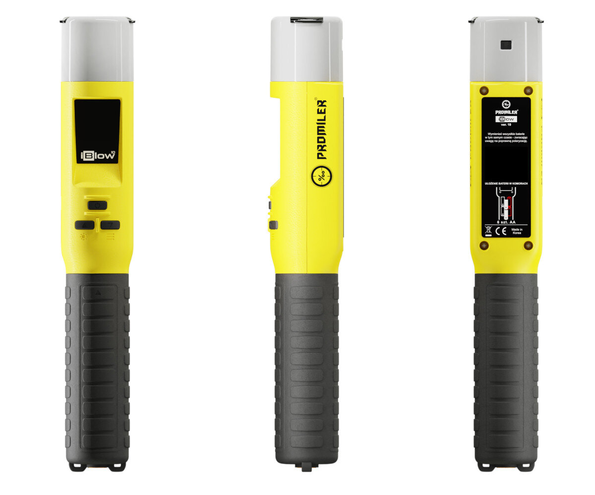 Żółty alkomat z przyciskami i wyświetlaczem. Wiele kątów, białe tło.