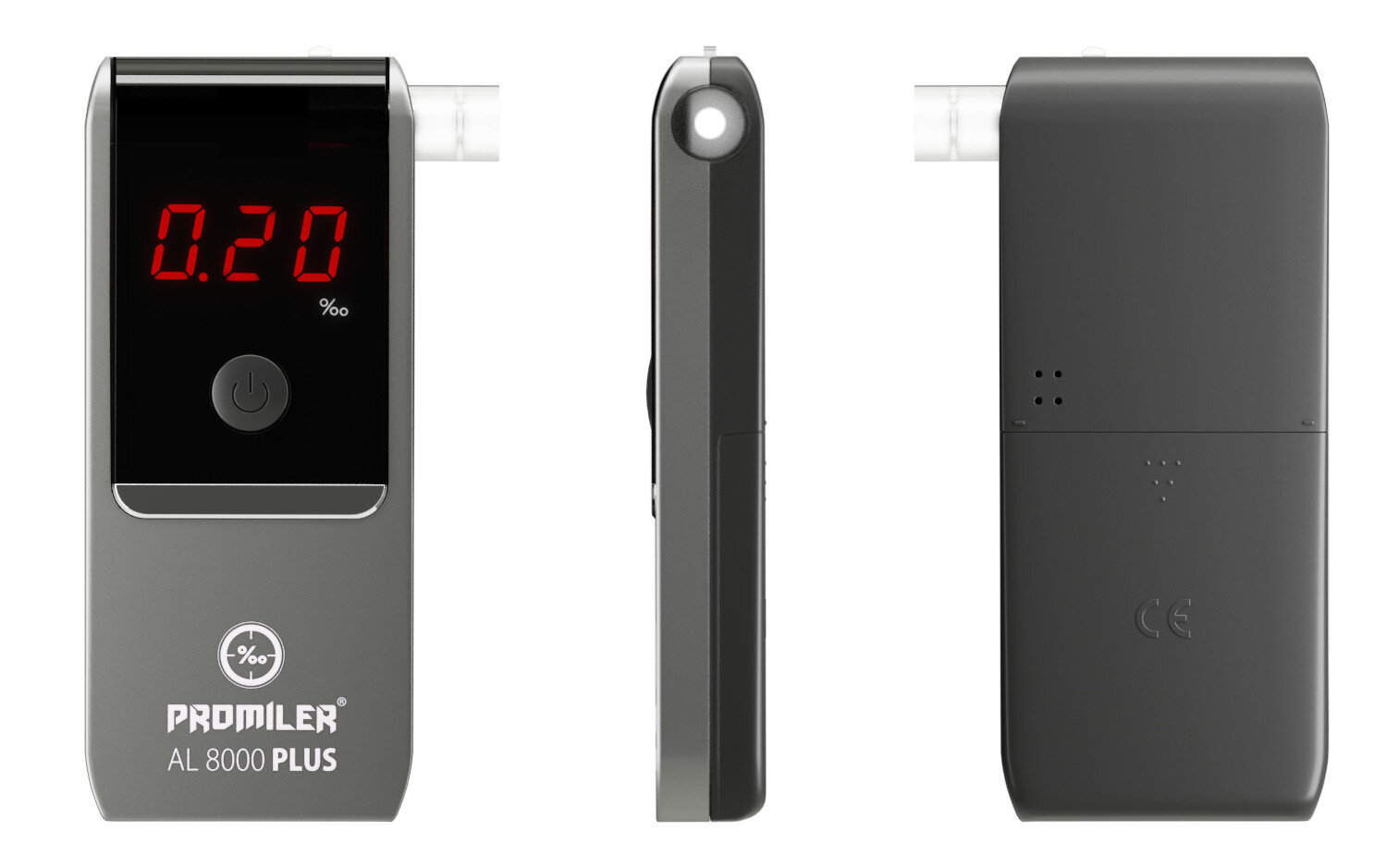 Alkomat z wyświetlaczem cyfrowym pokazującym 0,20%. Trzy widoki: przód, bok i tył.