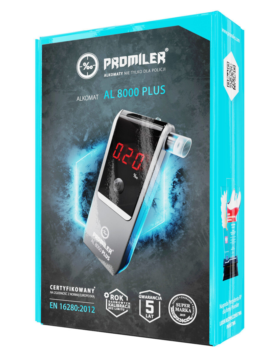 Pudełko alkomatu, z urządzeniem i szczegółami na nim. Pudełko jest jasnoniebieskie i czarne.