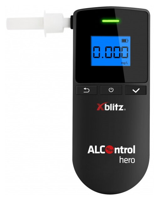 Czarny alkomat. Wyświetla 0.000. Z ustnikiem i panelem przycisków.