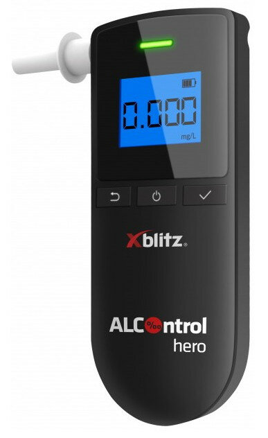 Czarny alkomat z niebieskim wyświetlaczem i białym ustnikiem. Wyświetla odczyt 0,000.