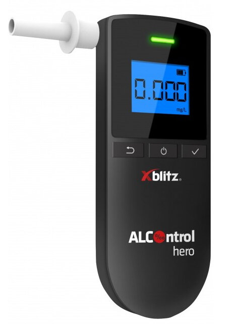 Czarny alkomat z niebieskim wyświetlaczem i białym ustnikiem. Wyświetla 0,000 mg/L.