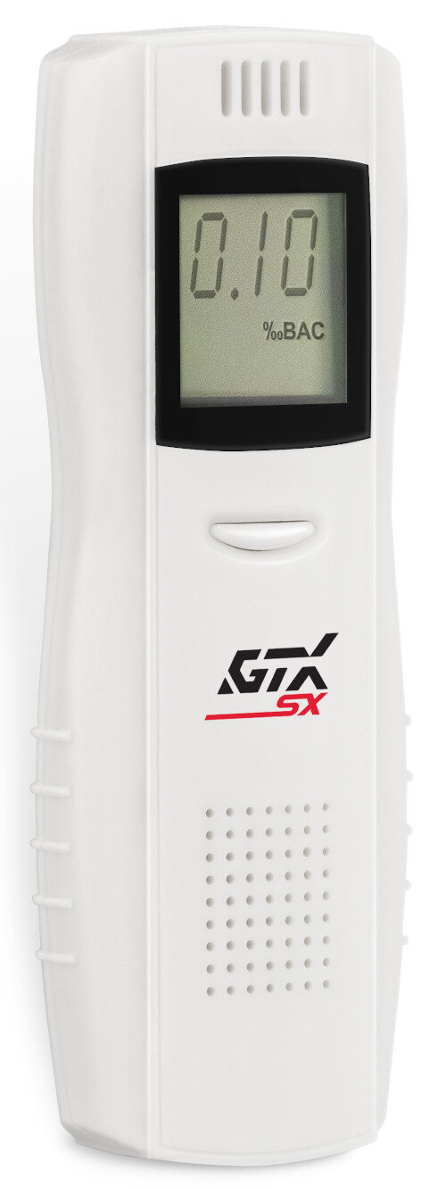 Biały alkomat z wynikiem 0,10 %BAC na wyświetlaczu cyfrowym.