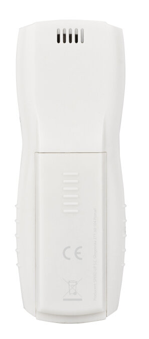 Tył białego pilota z komorą baterii i znakiem CE.