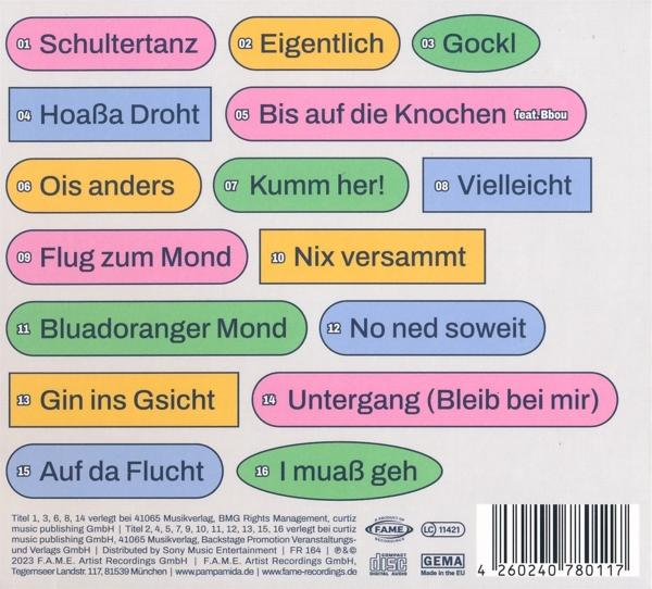 CD-Cover mit farbigen Textfeldern mit Songtiteln, weißer Hintergrund.