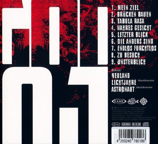 Text von einem CD-Cover, rot und weiß, mit Auflistung der Songtitel.
