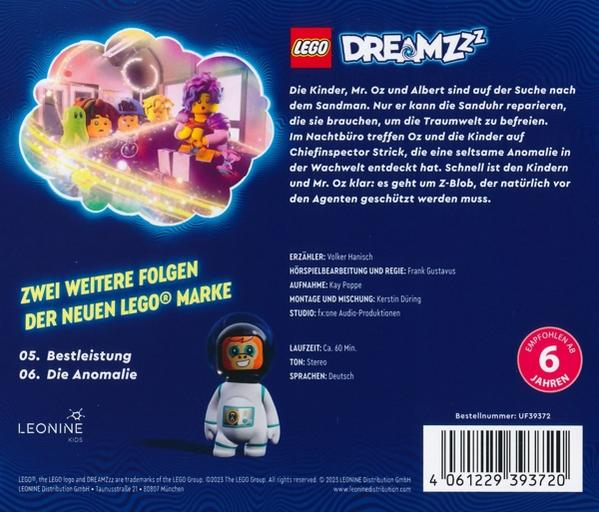 Rückseite eines LEGO Dreamzzz Buches mit Text und einer Cartoonfigur.