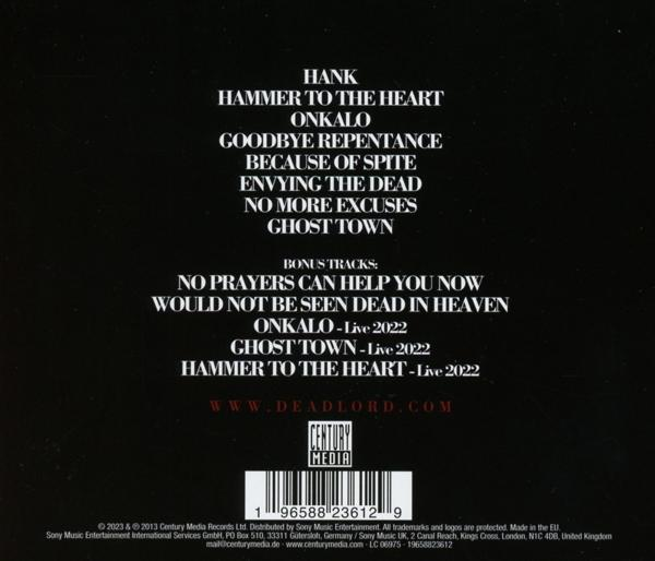 CD-Rückseite mit Songtiteln und Credits. Dunkler Hintergrund und weißer Text.