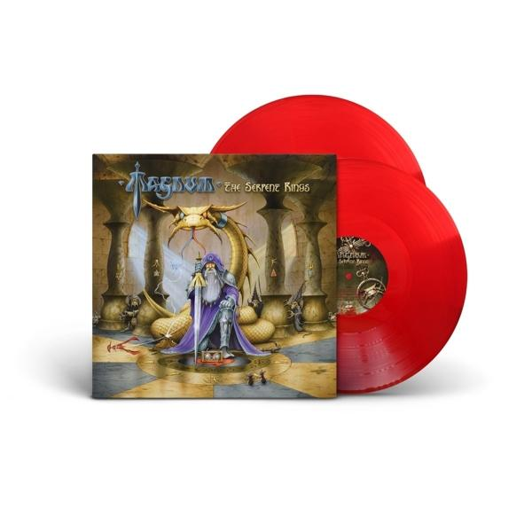 Ein Vinyl-Albumcover mit Fantasy-Illustration und zwei roten Vinyl-Schallplatten.