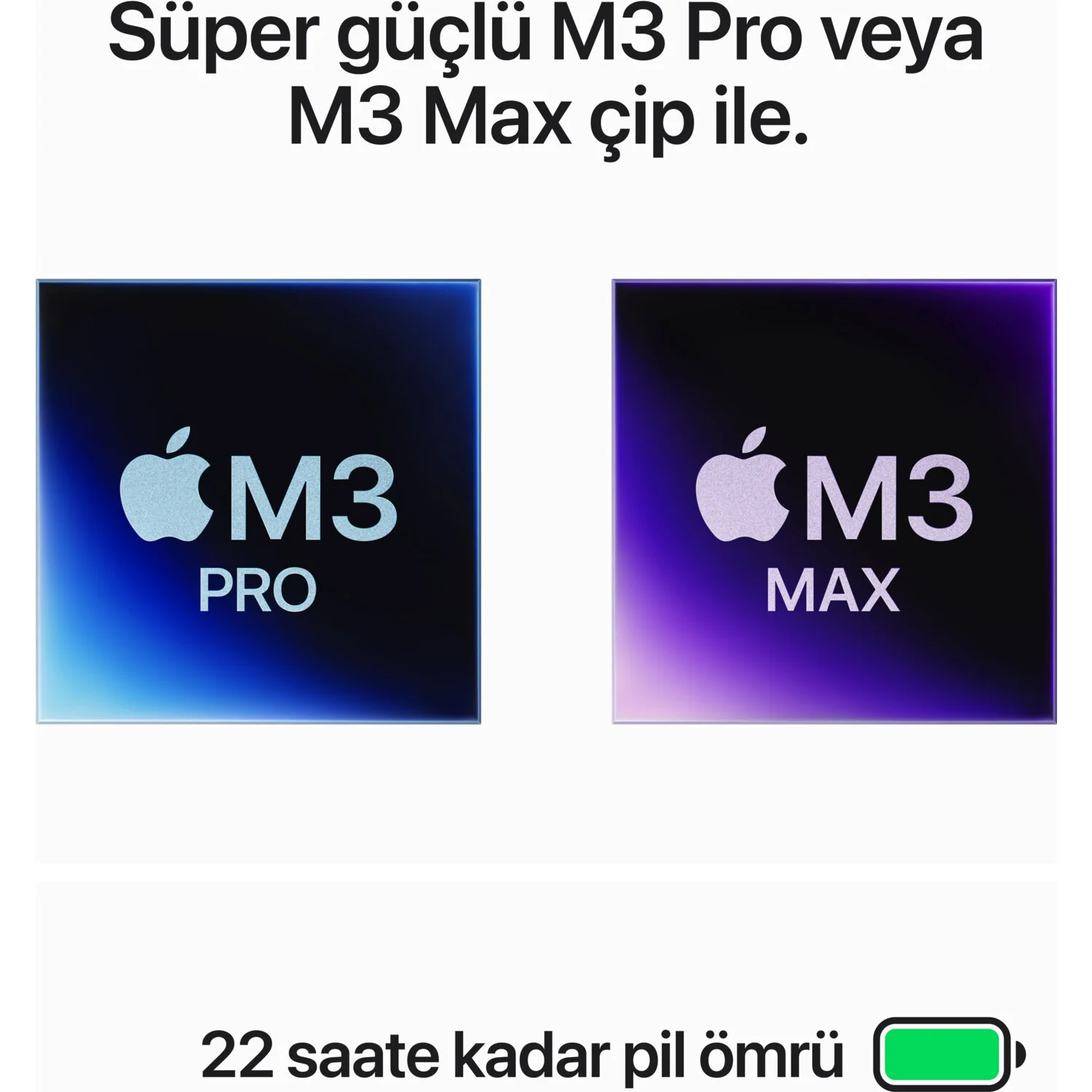 İki çip: M3 Pro ve M3 Max, Apple logosu ile. Mavi ve mor geçişli siyah arka plan.