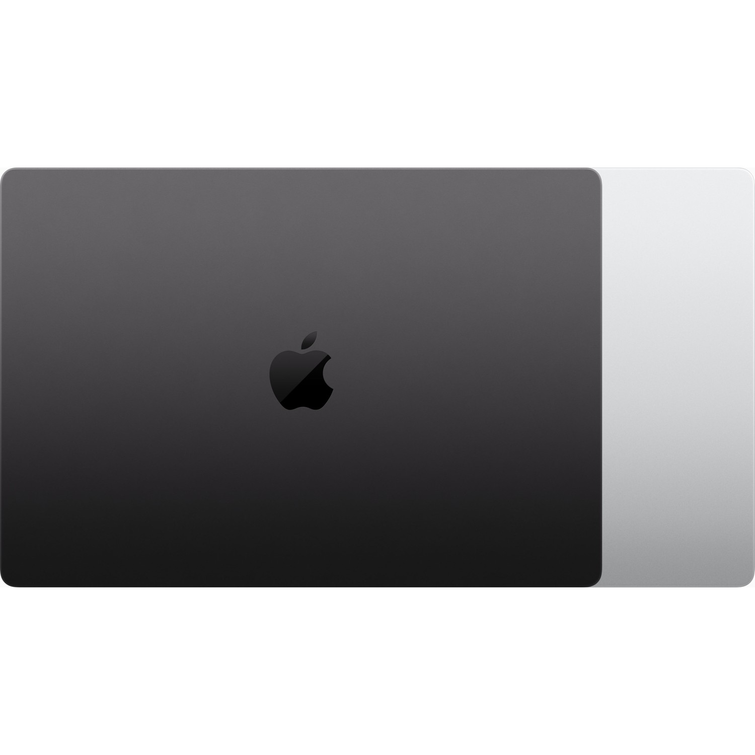 Üstünde Apple logosu olan kapalı siyah MacBook, yanında gümüş bir üst.