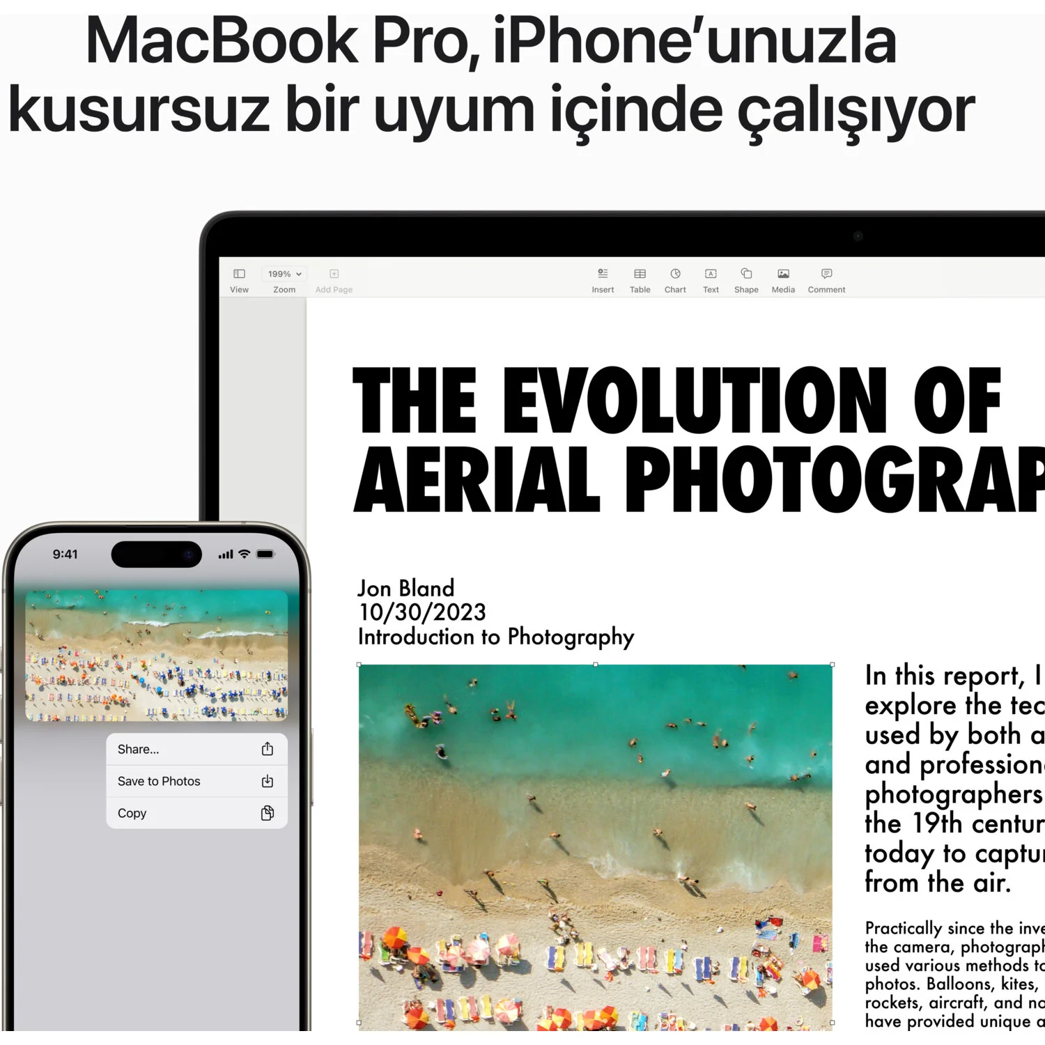 Hafif bir arka plan üzerinde hava fotoğrafçılığı içeren bir belge gösteren bir MacBook ve iPhone.