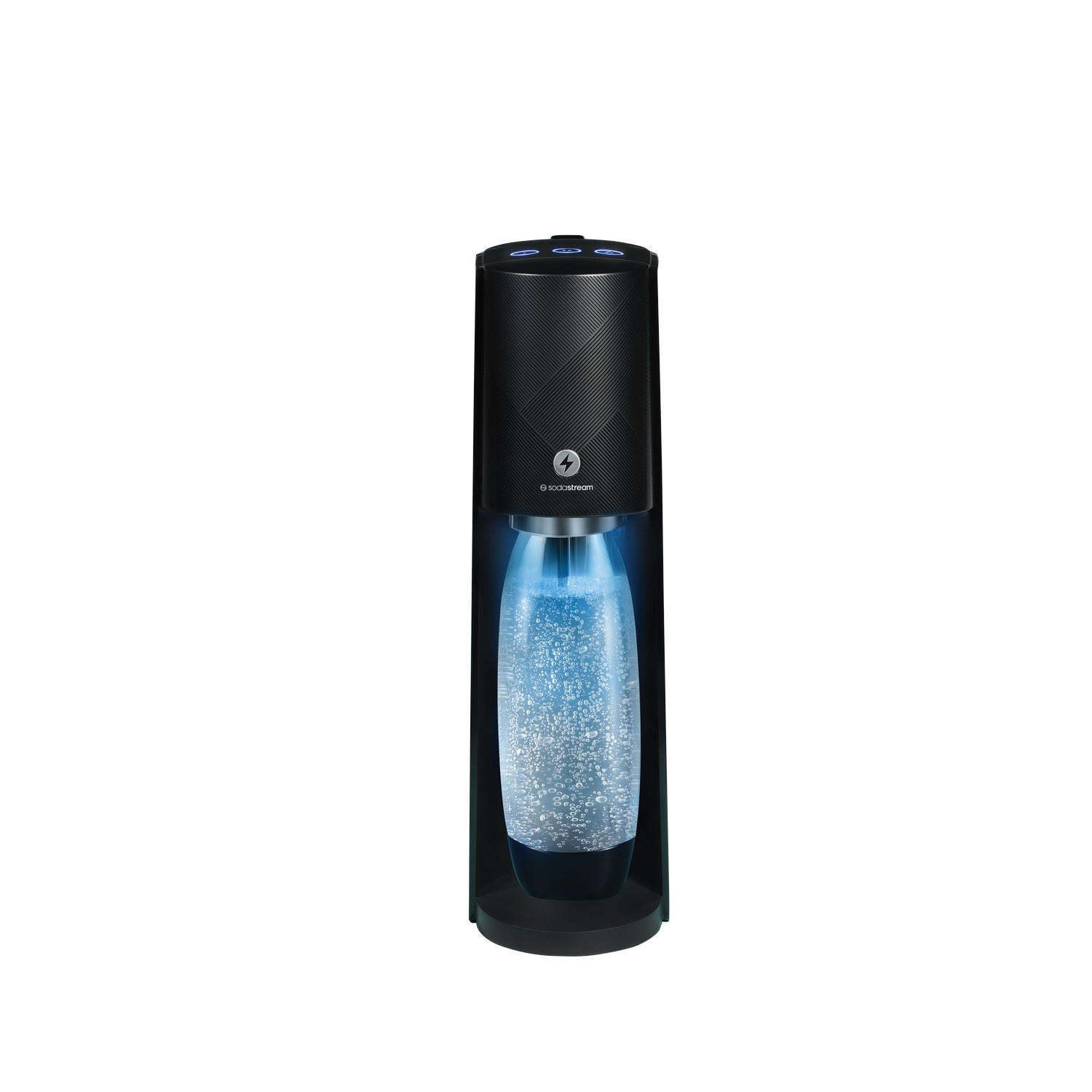 Black SodaStream machine. A glass bottle with bubbles inside is visible.