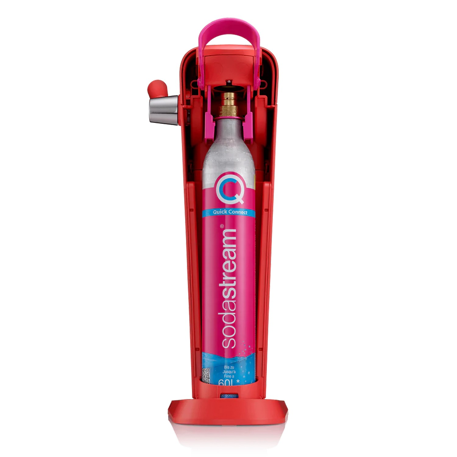 Machine SodaStream rouge, bouteille rose à l'intérieur, sur fond blanc.